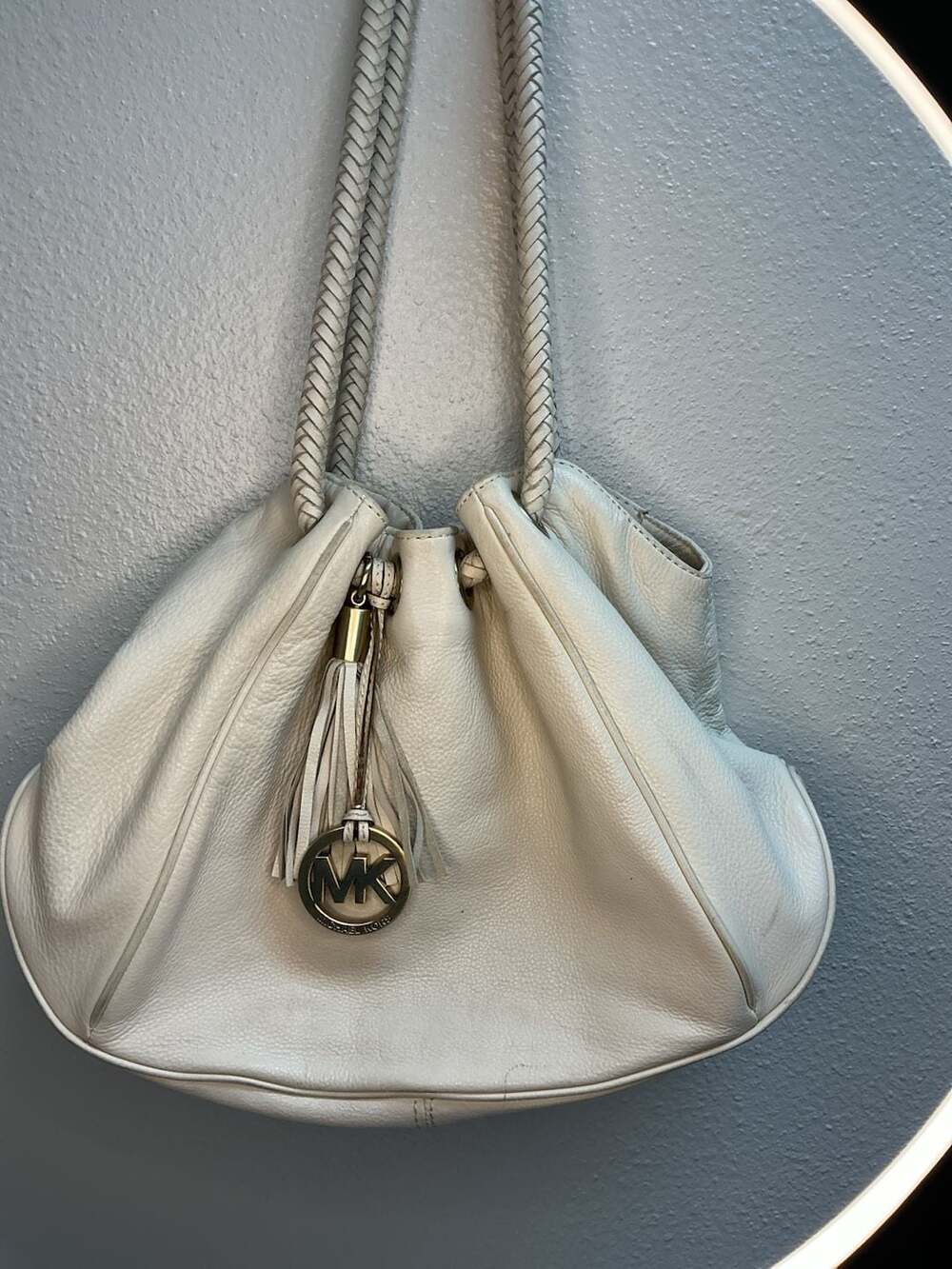 Michael Kors Ivory Leather Drawstring Tassel Shoulder Bag Hobo Bucket Bag